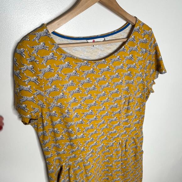 Boden Phoebe Short Sleeve Dress Womens 12 Long Mustard Yellow Cheetah Cat Print - Picture 5 of 10